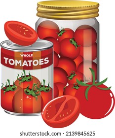 Tomato sauce canned and tomatoes in jar illustration