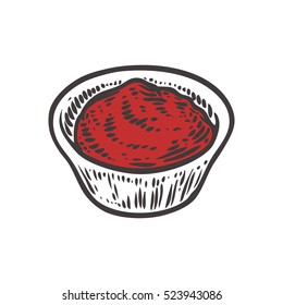 Tomato sauce, chilli chilly sauce red ketchup vector. Isolated on white background. Tomato food ingredient. Engraved hand drawn illustration in retro vintage style. Organic Food, dishes component