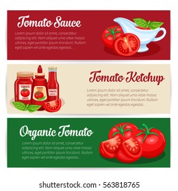 Tomato sauce design set of banners. Illustration of red vegetables for markets and menu.