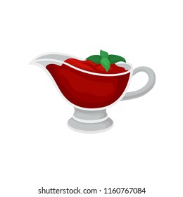 Tomato sauce in glass gravy boat with green basil leaves. Spicy liquid condiment for dishes. Flat vector icon