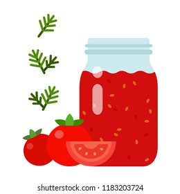 Tomato Sauce In A Glass Jar With Tomatoes And Dill Sprouts Nearby Vector Flat Material Design Isolated On White