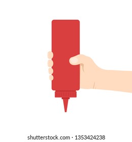 tomato sauce and hand vector. white background. free space for text. Hand squeeze sauce.