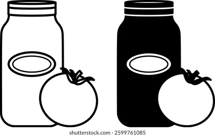 Tomato Sauce Icons. Black and White Vector Illustrations. Tomato Sauce in a Jar and Tomato. Food. Grocery Concept