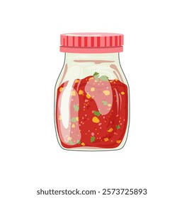 Tomato sauce in jar in flat design. Hot red salsa condiment for cooking. Vector illustration isolated.