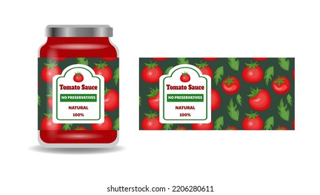 Frasco de salsa de tomate. lata de ají italiana. Plantilla de etiqueta de empaquetado. Producto picante de pimienta caliente. Contenedor de albahaca orgánica. Vestimenta de comidas. Etiqueta del paquete Ketchup. Diseño original del vector