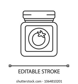 Tomato sauce jar linear icon. Homemade ketchup. Thin line illustration. Vegetable preserve. Contour symbol. Vector isolated outline drawing. Editable stroke