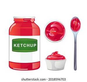 Tomato sauce jar with white lid with spoon. Red natural spicy condiment in container with label. Vector illustration in flat cartoon design isolated on white background.