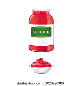 Tomato sauce jar with white lid. Red natural spicy condiment in container with label. Vector illustration in flat cartoon design isolated on white background.