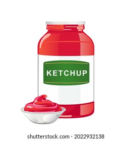 Tomato sauce jar with white lid. Red natural spicy condiment in container with label. Vector illustration in flat cartoon design isolated on white background.