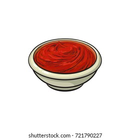 Tomato sauce, ketchup in ceramic bowl, hand drawn, sketch style vector illustration isolated on white background. Hand drawn bowl of home made tomato sauce, ketchup