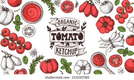 Salsa de tomate, cocina de ketchup y marco de ingredientes. Ilustración vectorial dibujada a mano. Salsa casera de tomate, elementos de diseño. Diseño de paquete dibujado a mano.