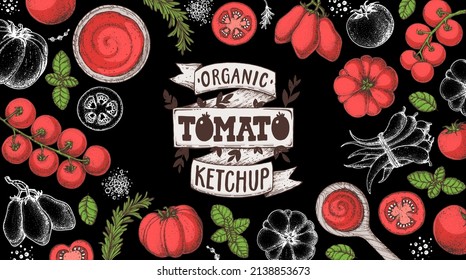 Tomato sauce, ketchup cooking and ingredients frame. Hand drawn vector illustration. Homemade tomato sauce, design elements. Hand drawn package design.