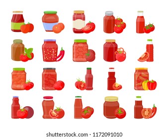 
Tomato sauce, Ketchup in Glass Jar with Vegetable Flat Icons 
