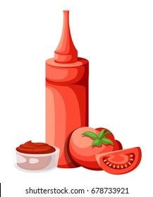 Tomato sauce, ketchup in jar with vegetable. Vector illustration for restaurant menu. Web site page and mobile app design vector element