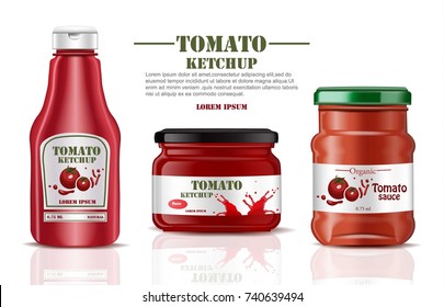 Tomato sauce and ketchup product mock up. Realistic Vector label packaging. Splash background