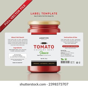 Tomato sauce label bottle jar food sticker banner hot and spicy red ketchup packaging product sauce design.