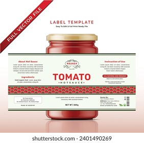 Tomato sauce label bottle jar food sticker banner red hot and spicy ketchup packaging product design.