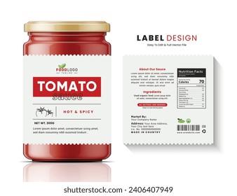 Tomato sauce label bottle jar food clean sticker packaging, minimal label design.