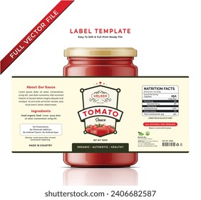 Tomato sauce label bottle jar food clean sticker packaging, minimal label design.