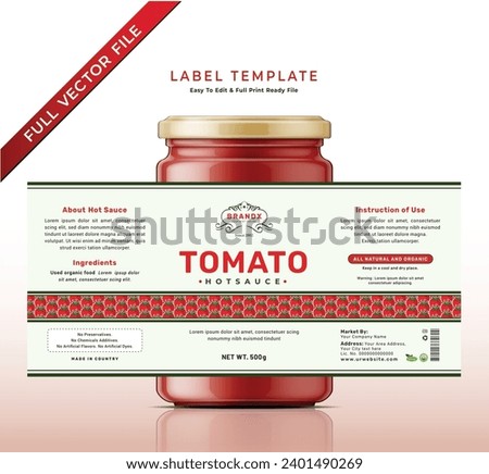Tomato sauce label bottle jar food sticker banner red hot and spicy ketchup packaging product design.