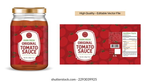 Tomato sauce label design. The packaging design of tomato hot sauce label with Jar mockup. Text in frames on seamless tomato pattern. Premium quality spice food label designs vector illustration.