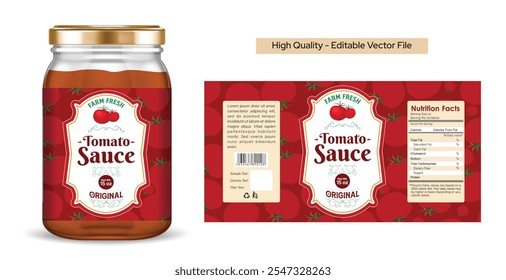 Diseño de etiqueta de salsa de tomate con empaque premium y maqueta de frasco. Etiqueta de comida de especias de alta calidad, Ilustración vectorial, Plantilla lista para imprimir. Estilo moderno, colores vibrantes, marca personalizada, salsa gourmet