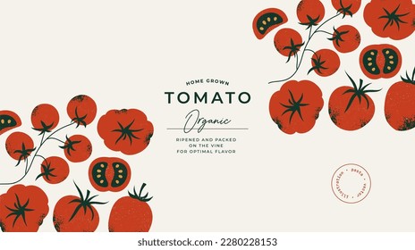 Tomato sauce label packaging design horizontal template. Tomatoes vector illustration.