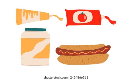 Tomato sauce, mustard, mayonnaise and hot dog. Vector illustration in flat style