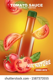 Tomato sauce packaging mock up on solid color background ads. Realistic vector in 3D illustration.