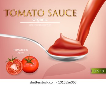 Tomato sauce spoon realistic mock up. Label design. Detailed banner 3d illustration