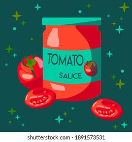 Tomato sauce. Vector illustration with a jar of sauce and tomatoes on a dark background.  Food cartoon concept