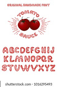 Tomato Sauce. Vintage font design, handwritten alphabet. Vector illustration. 