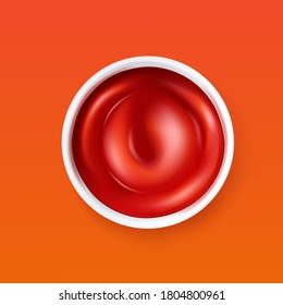 Tomato sauce in white saucer on orange background, tomato sauce, tasty food, vector illustration.
