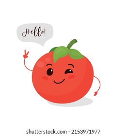 Tomato dice Hola. Tomate lindo aislado en fondo blanco. Gracioso Tomate Sonriente. Plantilla de diseño de vectores para carteles, tarjetas, camisetas impresas. Niños, niños, bebés, veganos, vegetarianos, concepto de comida