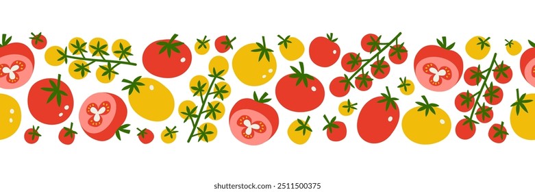 Tomate sem emenda fronteira horizontal. Fresco orgânico vegetariano vermelho e amarelo impressão para cozinha, menu, design de pacote de alimentos. Ilustração de vetor plana desenhada à mão. Fundo de cozinha bonito saudável.