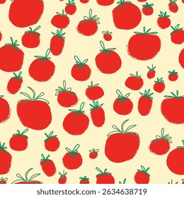 Tomato Seamless Pattern. Abstract Hand Drawn Tomato Repeat Background. Vegetable Seamless Pattern for Prints, Home Decoration, Fabric, Textile, Surface Design. Vector. Not AI