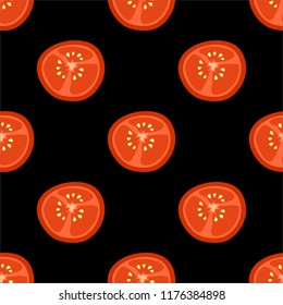 Tomato seamless pattern. Decorative illustration, good for printing.  
Colorful wallpaper. Great for label, print, packaging,fabric. Seamless backdrop. Tomatoes and slices of tomato.