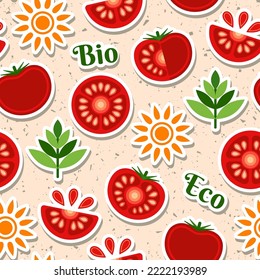 Tomato seamless pattern with design elements in simple geometric style. Stickers of tomato slices, sun. Good for branding, decoration of food package, cover design, decorative print, background