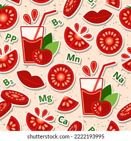 Tomato seamless pattern with design elements in simple geometric style. Glass of juice, tomato slices, drops. Good for branding, decoration of food package, cover design, decorative print, background