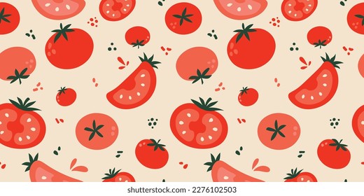 Tomato seamless pattern. Flat tomatoes on peach background. Natural red tomato vector design for fabric, paper, wallpaper, cover, interior decor, and other use. Vegetables vector illustration