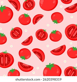 Tomato seamless pattern with flowers and pink background. Food cartoon illustration. Healthy food and vegetables
