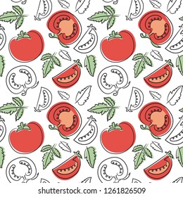 Tomato seamless pattern. Hand drawn fresh vegetables. Vector sketch background. Doodle wallpaper. Red and green print 