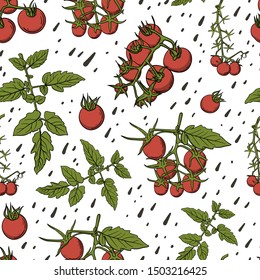 Tomato seamless pattern hand drawn cartoon doodle style textile background with scandinavian style elements drops. Stock vector