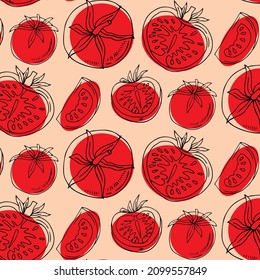 Tomato Seamless Pattern. Hand Drawn Fresh Vegetables. Vector Sketch Background. Doodle Wallpaper. Red And Green Print