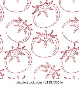 Tomato seamless pattern. Hand drawn fresh vegetables. Vector sketch background. Doodle wallpaper. Red print