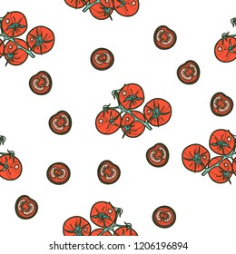 Tomato seamless pattern on white background. Vector illustration for ads, menu and web banner designs. Organic and healthy food concept.