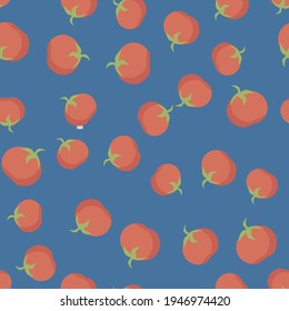 Tomato seamless pattern for textile. Vegetables motif repeat for print or wallpaper on blue background