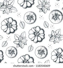 Tomato seamless pattern. Tomatoes hand drawn illustration. Organic food design template. Sketch vector illustration. Healthy food. Farm market concept. Tomato vegetable.