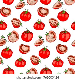 Tomato seamless pattern. Vegetable background. Isolated tomato whole and sliced pieces. Vector illustration