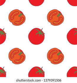 Tomato seamless pattern for wallpaper design. Fresh ripe color food. Organic healthy vegetable.  Raw, vegan, vegetarian food. Cartoon pattern on white backdrop. Vector doodle design. 